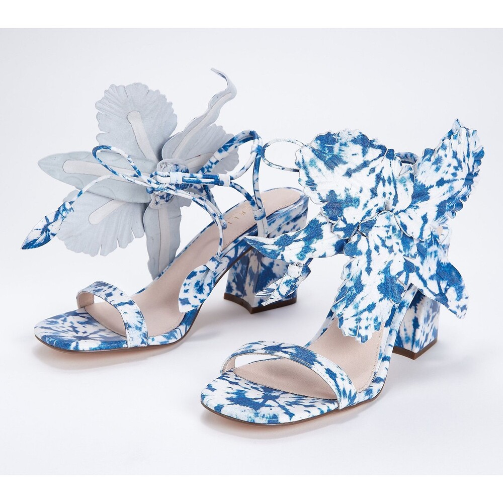 New Cecelia New York Womens Hibiscus Heeled Sandals Blue Tie Dye Leather Size 6